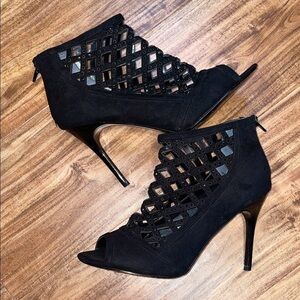 Nina women heels 9 Black Stiletto 4” embellish jewel peep toe cutout formal sexy